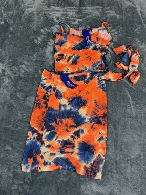 AQ-Sport Womens Orange & Blue Tie-Dye Skirt & Top Set S NWT
